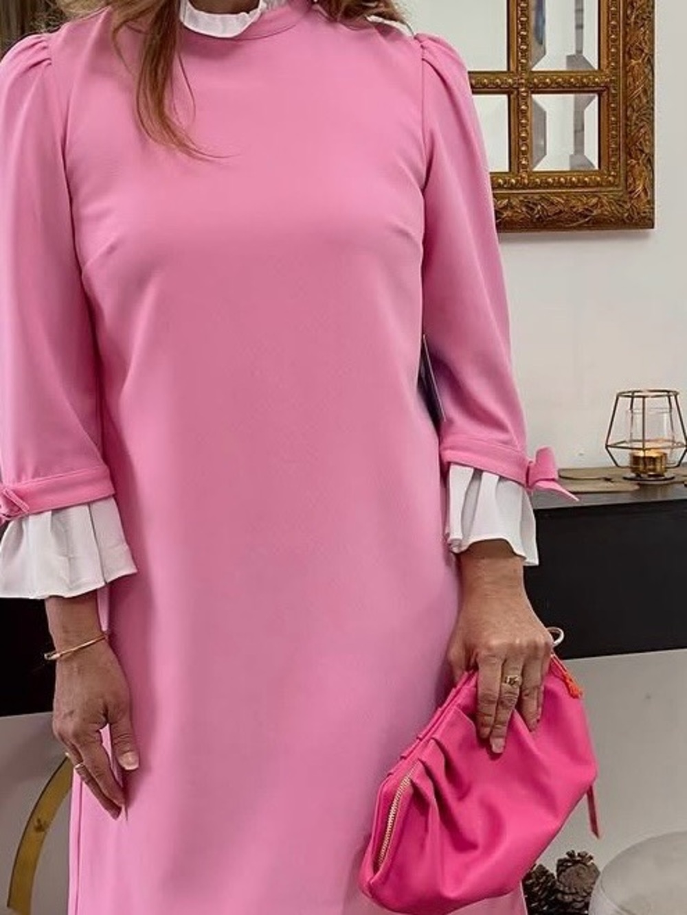Pink Ruffle Collar Bow Sleeve Dress